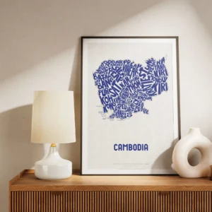 Typographic Illustration of Cambodia (Blue on White). Hand-drawn and printed on high-quality paper