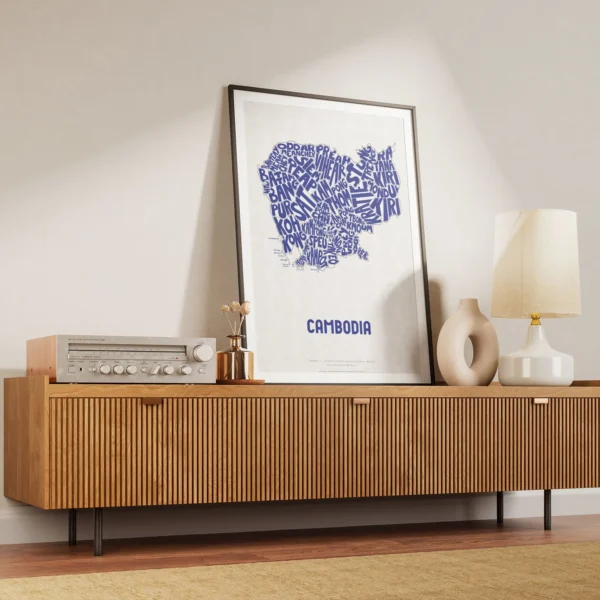 Typographic Illustration of Cambodia (Blue on White). Hand-drawn and printed on high-quality paper