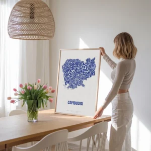 Typographic Illustration of Cambodia (Blue on White). Hand-drawn and printed on high-quality paper