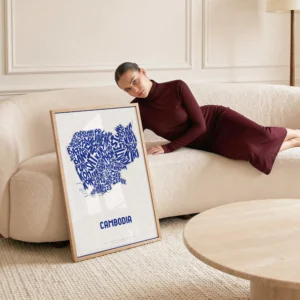 Typographic Illustration of Cambodia (Blue on White). Hand-drawn and printed on high-quality paper