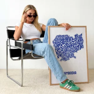 Typographic Illustration of Cambodia (Blue on White). Hand-drawn and printed on high-quality paper